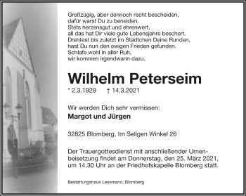 Anzeige  Wilhelm Peterseim  Lippische Landes-Zeitung