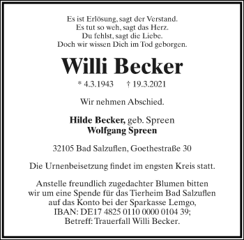 Anzeige  Willi Becker  Lippische Landes-Zeitung