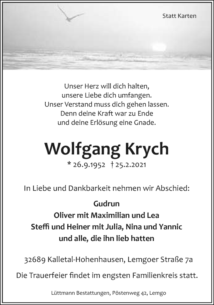  Traueranzeige für Wolfgang Krych vom 06.03.2021 aus Lippische Landes-Zeitung