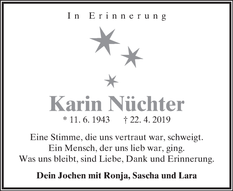  Traueranzeige für Karin Nüchter vom 22.04.2021 aus Lippische Landes-Zeitung