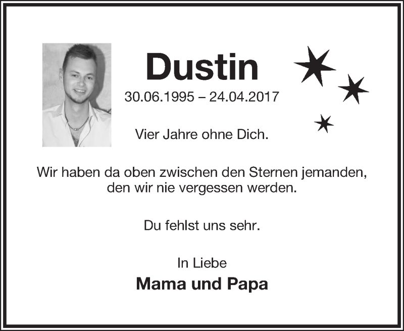  Traueranzeige für Dustin Janzen vom 24.04.2021 aus Lippische Landes-Zeitung