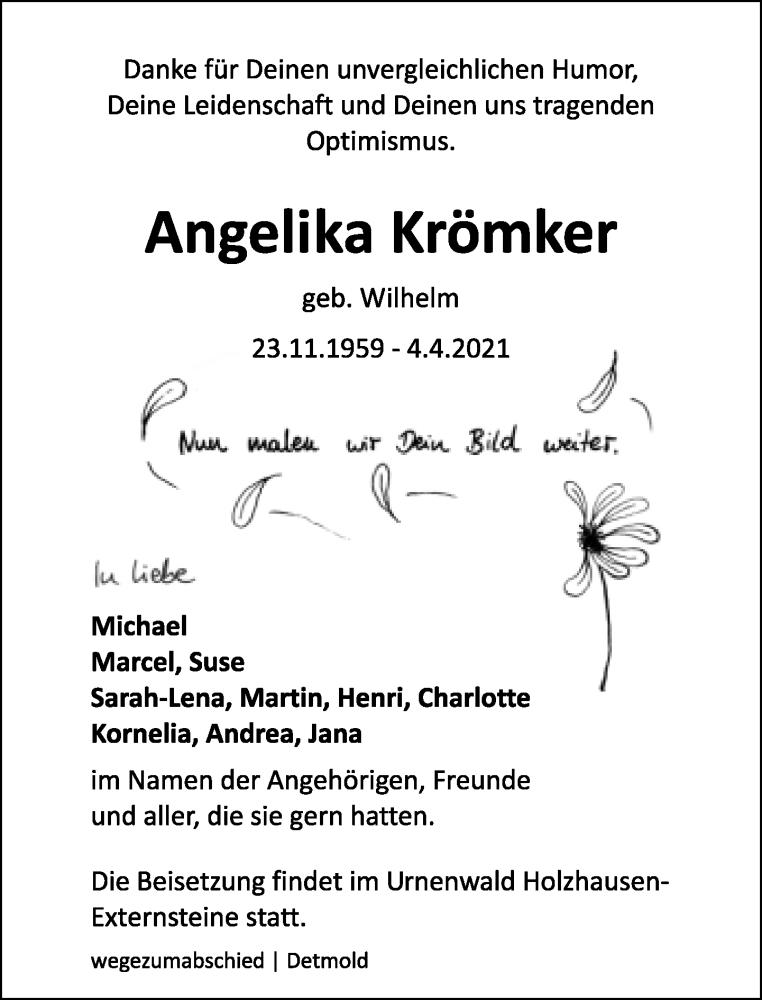  Traueranzeige für Angelika Krömker vom 10.04.2021 aus Lippische Landes-Zeitung