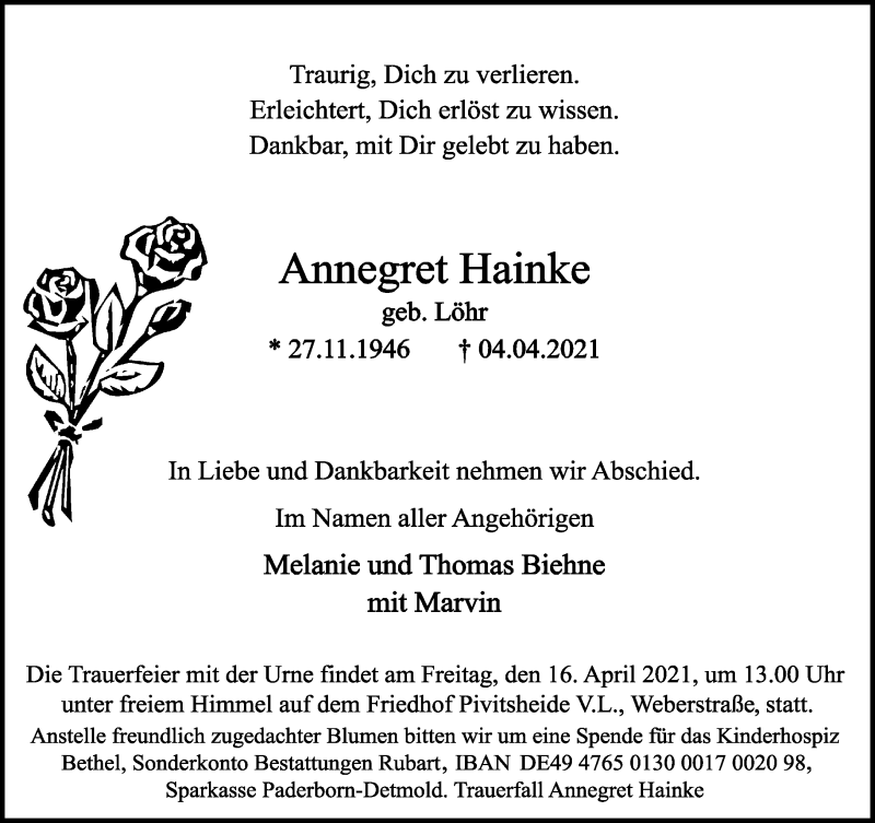  Traueranzeige für Annegret Hainke vom 10.04.2021 aus Lippische Landes-Zeitung