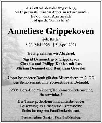 Anzeige  Anneliese Grippekoven  Lippische Landes-Zeitung