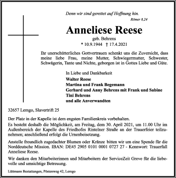 Anzeige  Anneliese Reese  Lippische Landes-Zeitung