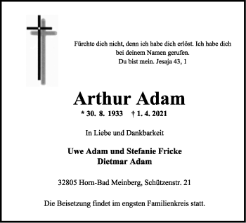 Anzeige  Arthur Adam  Lippische Landes-Zeitung