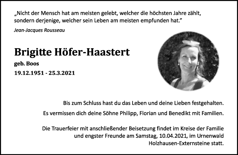  Traueranzeige für Brigitte Höfer-Haastert vom 02.04.2021 aus Lippische Landes-Zeitung