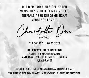 Anzeige  Charlotte Due  Lippische Landes-Zeitung