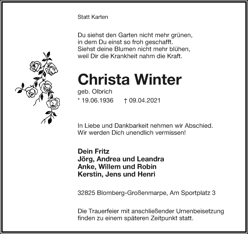  Traueranzeige für Christa Winter vom 17.04.2021 aus Lippische Landes-Zeitung
