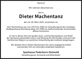 Anzeige  Dieter Machentanz  Lippische Landes-Zeitung