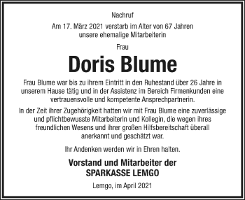 Anzeige  Doris Blume  Lippische Landes-Zeitung