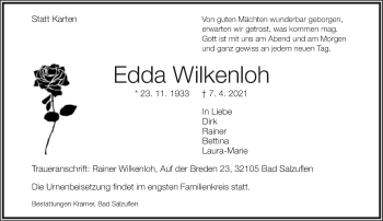 Anzeige  Edda Wilkenloh  Lippische Landes-Zeitung