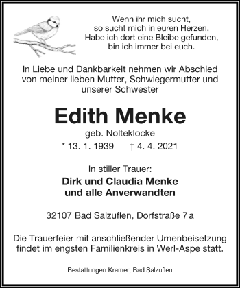Anzeige  Edith Menke  Lippische Landes-Zeitung