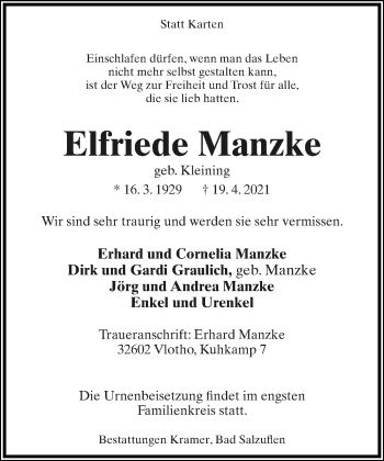 Anzeige  Elfriede Manzke  Lippische Landes-Zeitung