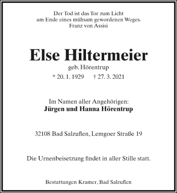 Anzeige  Else Hiltermeier  Lippische Landes-Zeitung