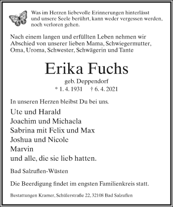 Anzeige  Erika Fuchs  Lippische Landes-Zeitung