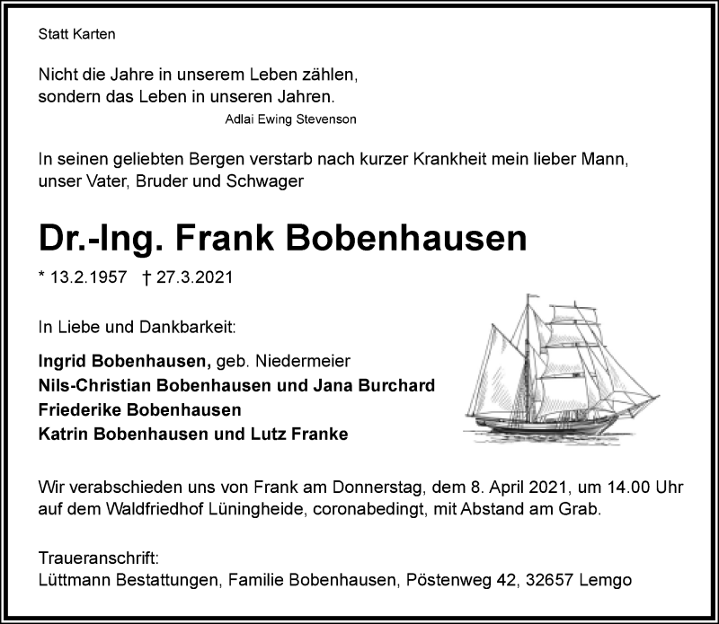  Traueranzeige für Frank Bobenhausen vom 02.04.2021 aus Lippische Landes-Zeitung