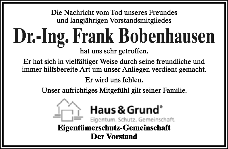  Traueranzeige für Frank Bobenhausen vom 10.04.2021 aus Lippische Landes-Zeitung