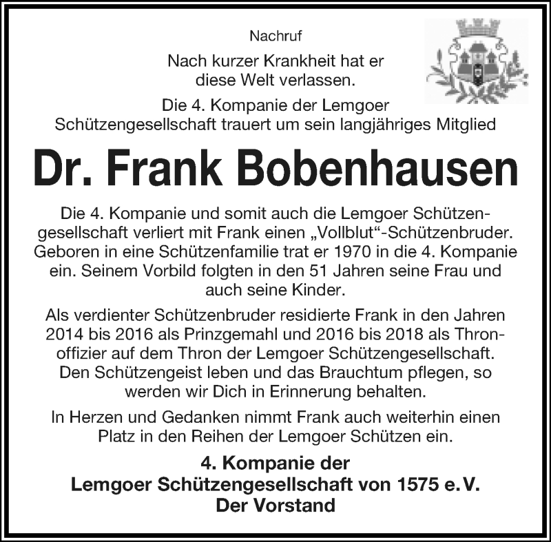 Traueranzeige für Frank Bobenhausen vom 10.04.2021 aus Lippische Landes-Zeitung
