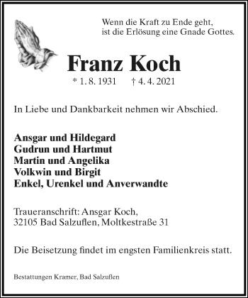 Anzeige  Franz Koch  Lippische Landes-Zeitung