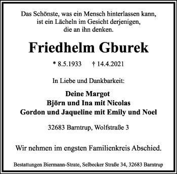 Anzeige  Friedhelm Gburek  Lippische Landes-Zeitung