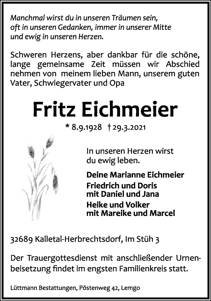  Traueranzeige für Fritz Eichmeier vom 10.04.2021 aus Lippische Landes-Zeitung