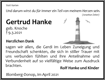 Anzeige  Gertrud Hanke  Lippische Landes-Zeitung