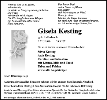 Anzeige  Gisela Kesting  Lippische Landes-Zeitung