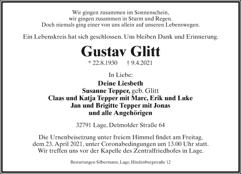  Traueranzeige für Gustav Glitt vom 17.04.2021 aus Lippische Landes-Zeitung