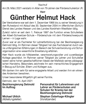 Anzeige  Günther Helmut Hack  Lippische Landes-Zeitung