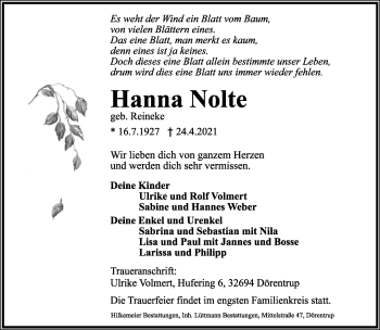 Anzeige  Hanna Nolte  Lippische Landes-Zeitung