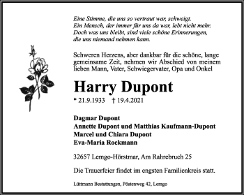 Anzeige  Harry Dupont  Lippische Landes-Zeitung
