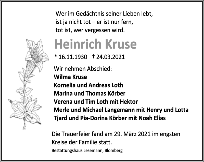  Traueranzeige für Heinrich Kruse vom 02.04.2021 aus Lippische Landes-Zeitung
