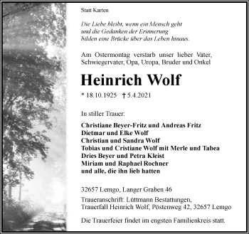Anzeige  Heinrich Wolf  Lippische Landes-Zeitung