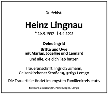 Anzeige  Heinz Lingnau  Lippische Landes-Zeitung