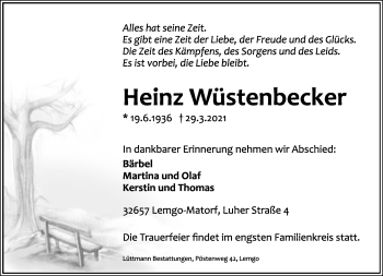 Anzeige  Heinz Wüstenbecker  Lippische Landes-Zeitung