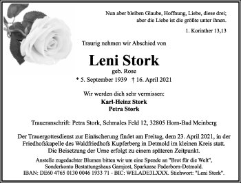Anzeige  Leni Stork  Lippische Landes-Zeitung