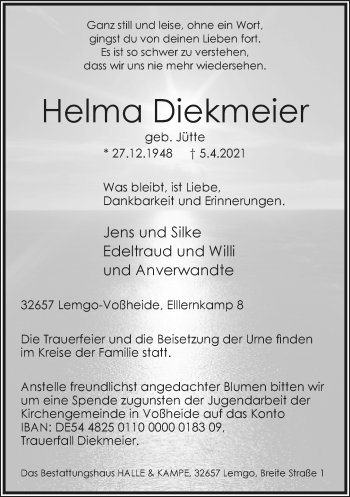 Anzeige  Helma Diekmeier  Lippische Landes-Zeitung
