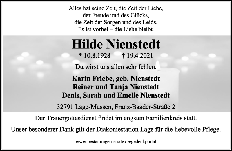  Traueranzeige für Hilde Nienstedt vom 24.04.2021 aus Lippische Landes-Zeitung