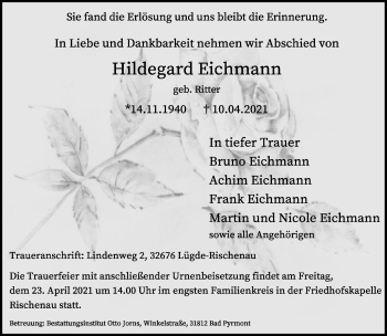 Anzeige  Hildegard Eichmann  Lippische Landes-Zeitung