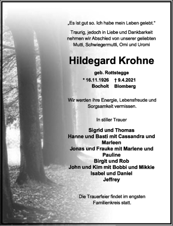 Anzeige  Hildegard Krohne  Lippische Landes-Zeitung