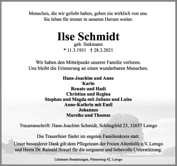 Anzeige  Ilse Schmidt  Lippische Landes-Zeitung