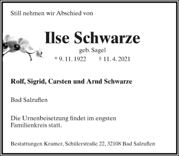 Anzeige  Ilse Schwarze  Lippische Landes-Zeitung