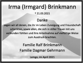 Anzeige  Irma Brinkmann  Lippische Landes-Zeitung