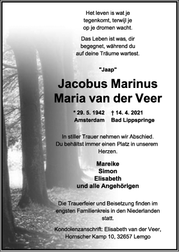 Anzeige  Jacobus Marinus Maria van der Veer  Lippische Landes-Zeitung
