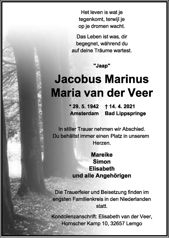  Traueranzeige für Jacobus Marinus Maria van der Veer vom 21.04.2021 aus Lippische Landes-Zeitung
