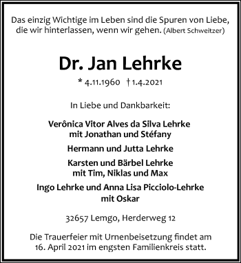 Anzeige  Jan Lehrke  Lippische Landes-Zeitung