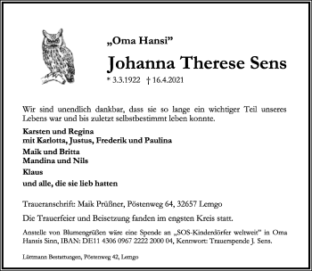 Anzeige  Johanna Therese Sens  Lippische Landes-Zeitung