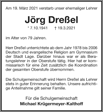 Anzeige  Jörg Christian Dreßel  Lippische Landes-Zeitung
