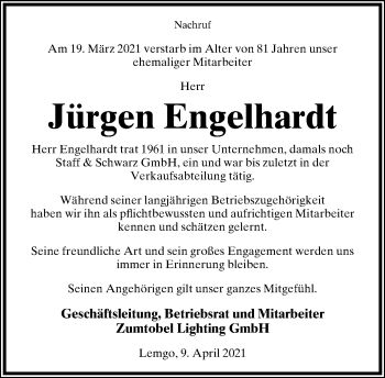 Anzeige  Jürgen Engelhardt  Lippische Landes-Zeitung